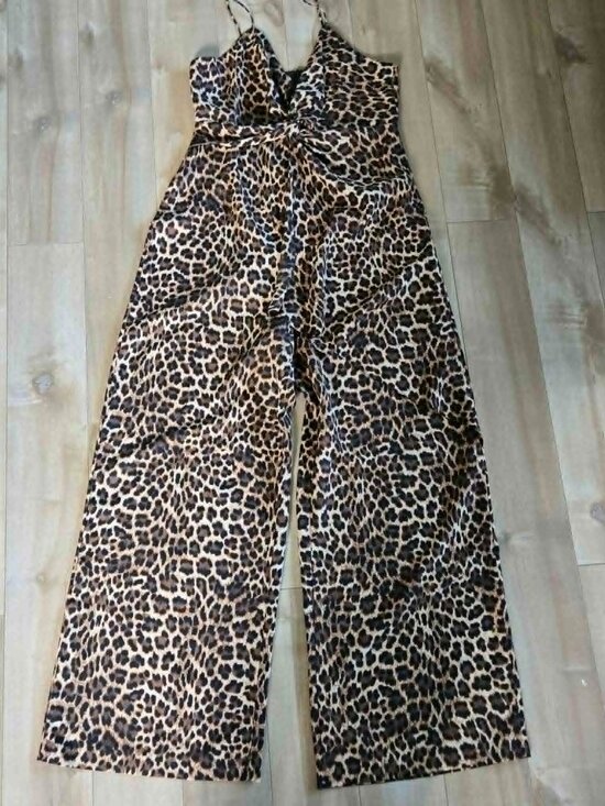 Zara Pants - ZARA Leopard Print Satin Wide Leg Jumpsuit Size Medium Animal Print Cami Romper